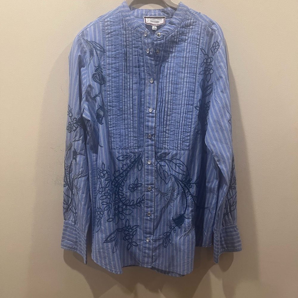 Johnny Was Light Blue Striped Embroidered Button-Down Shirt